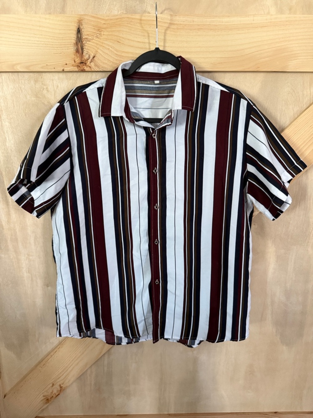 SHEIN Short Sleeve Button-Up Shirt in White, Burgundy & Black Stripes